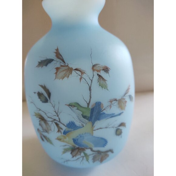 Vintage Blue Satin Glass Hand Painted Birds Vase Japan 7 1/2" - Picture 8 of 11